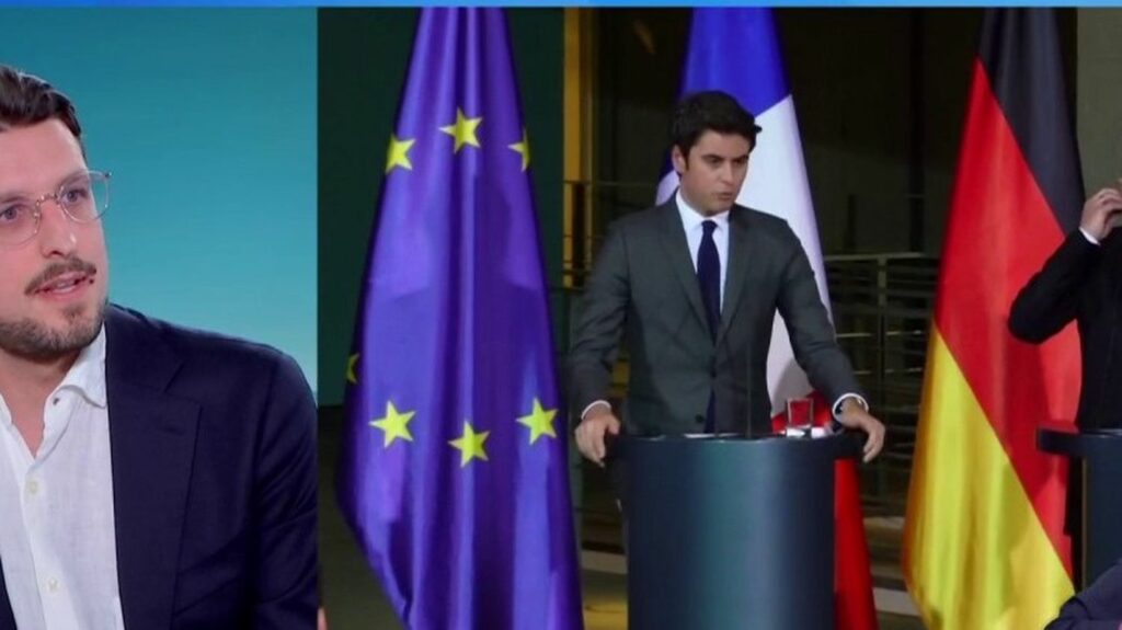 Conférence de presse de Gabriel Attal et Olaf Scholz à Berlin : "c’est une visite spéciale", selon un historien spécialiste de l’Allemagne
          Le Premier ministre Gabriel Attal est en visite à Berlin (Allemagne), lundi 5 janvier. Il a rencontré le chancelier Olaf Scholz. Tout deux ont tenu une conférence de presse. Joseph de Weck, historien et directeur Europe de Greenmantle, cabinet de conseil en risques macro-économiques et géopolitiques, et spécialiste de l’Allemagne, était l’invité du 19/20 info.
