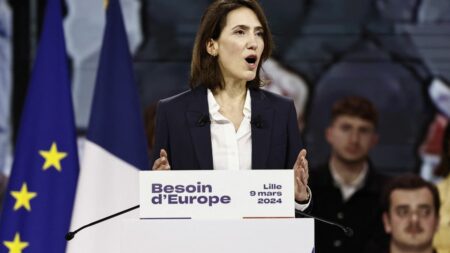 Valérie Hayer promet de ‘tenir sa place’ lors du meeting inaugural des élections européennes de la majorité "J'entends pleinement tenir ma place", lance Valérie Hayer, au meeting de lancement de la campagne des élections européennes de la majorité
Le gouvernement est quasiment au complet aux côtés de sa candidate, samedi, alors que la liste du camp d'Emmanuel Macron et de ses trois partis Renaissance, Horizons et MoDem, est largement distancée dans les intentions de vote par celle du président du Rassemblement national Jordan Bardella.