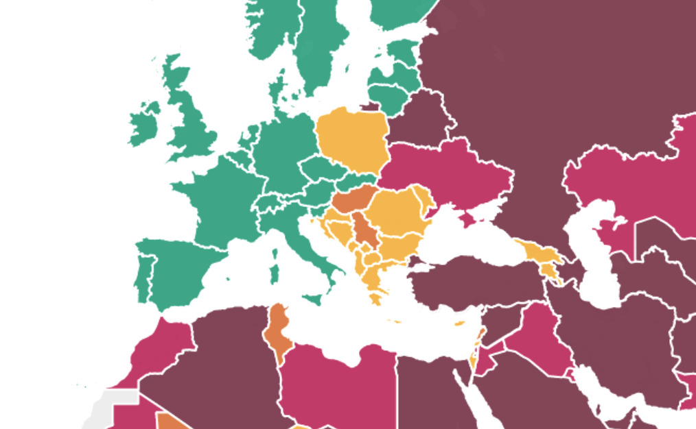 Capture d'écran du rapport Article 19 sur la liberté d'expression 2024. Les pays qui sont verts (la plupart de l’UE) sont "ouvrir," d'autres vont de "moins restreint" (jaune,) "limité" (orange,) "très restreint" (violet) à "crise" (violet.)