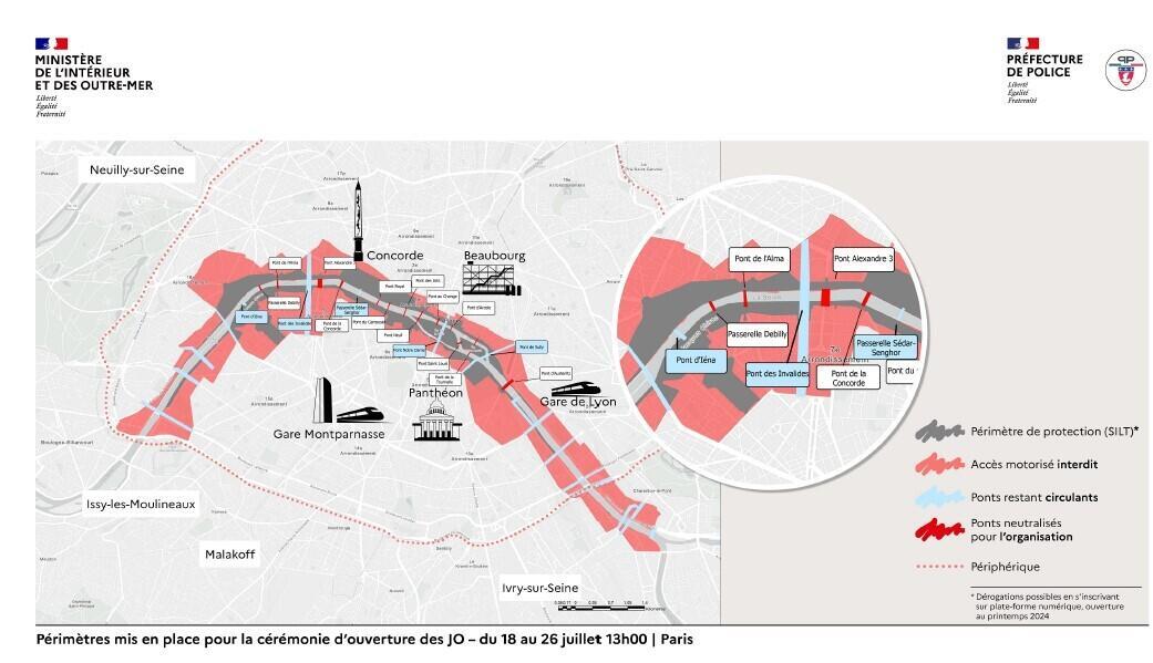 Zones de sécurité pour la cérémonie d'ouverture des Jeux olympiques dans les jours précédant l'événement
