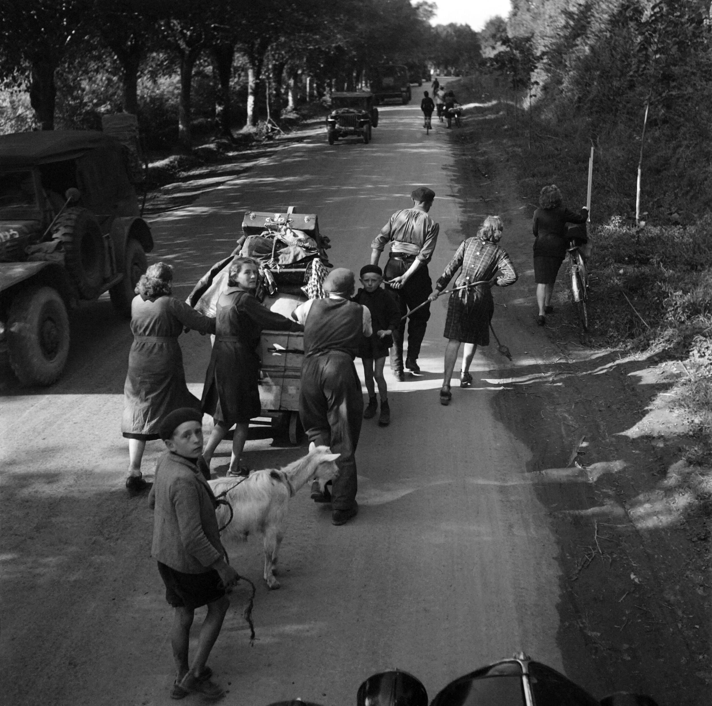 Réfugiés sur une route de Normandie en octobre 1944.