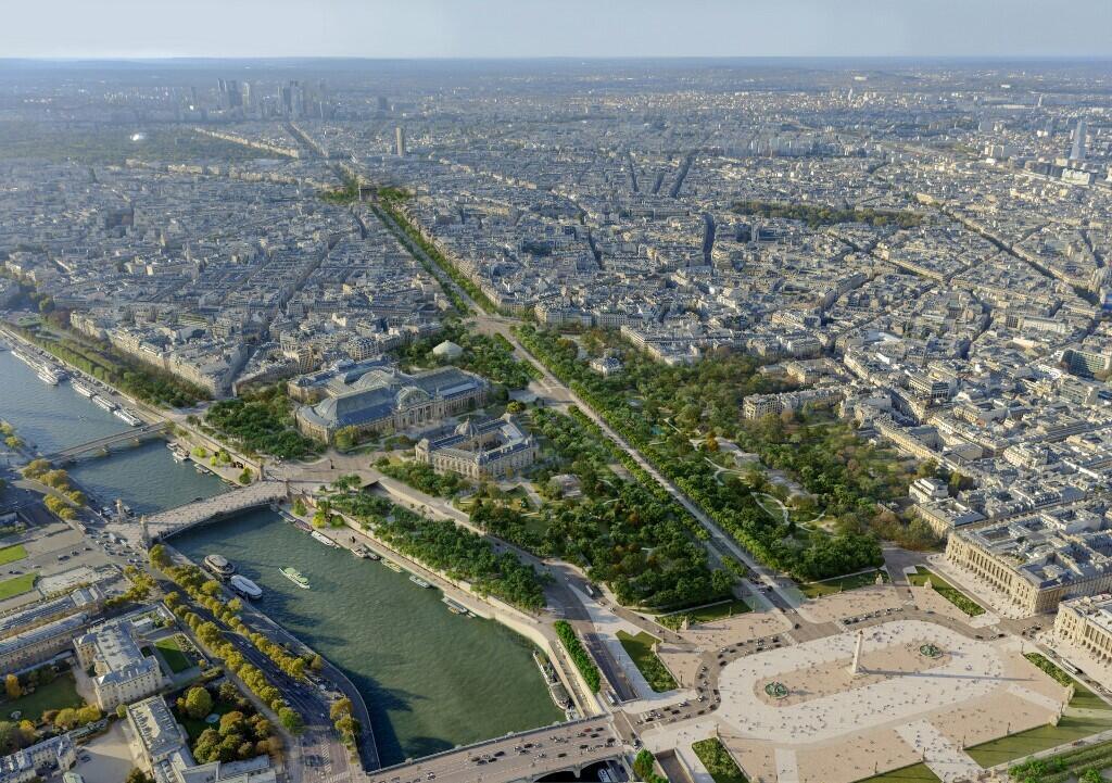 Une maquette montrant les jardins replantés au bout des Champs-Elysées, comme le propose un nouveau plan de rénovation de la mythique avenue.