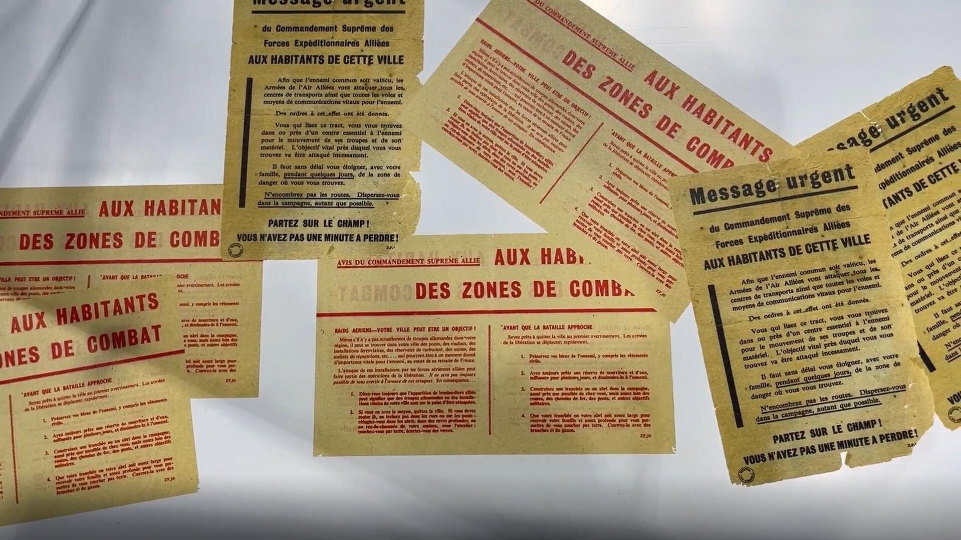 Des tracts largués au-dessus de la Normandie par les forces alliées en 1944, avertissant la population locale des attaques à venir.
