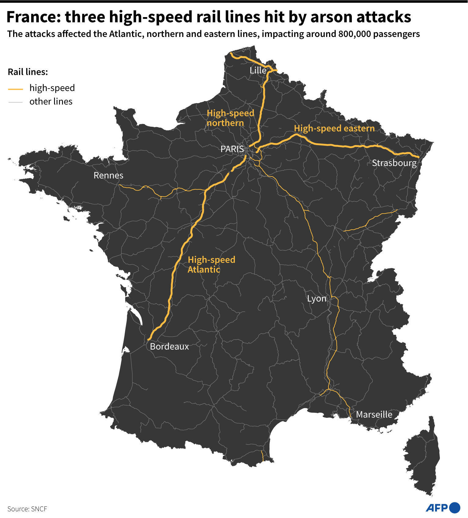 France : trois lignes à grande vitesse touchées par des incendies criminels