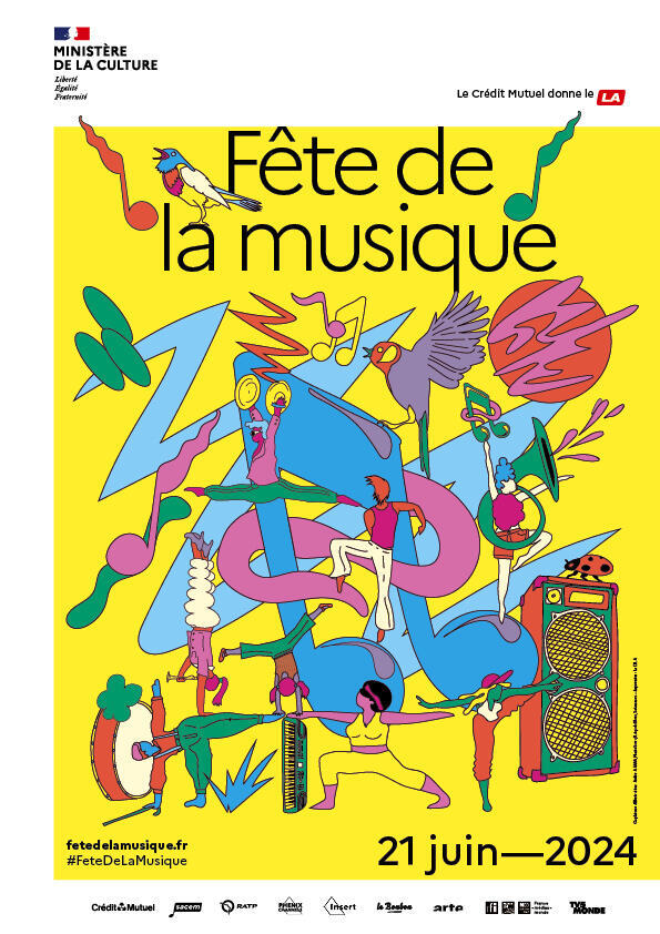 Affiche du festival de musique "Fête de la Musique" 2024 en France, qui aura lieu le 21 juin 2024.