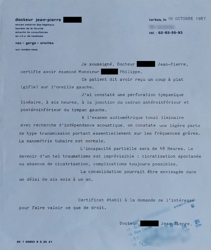 Le certificat médical délivré le 10 octobre 1987 atteste que le tympan de Philippe a été percé. (DR)
