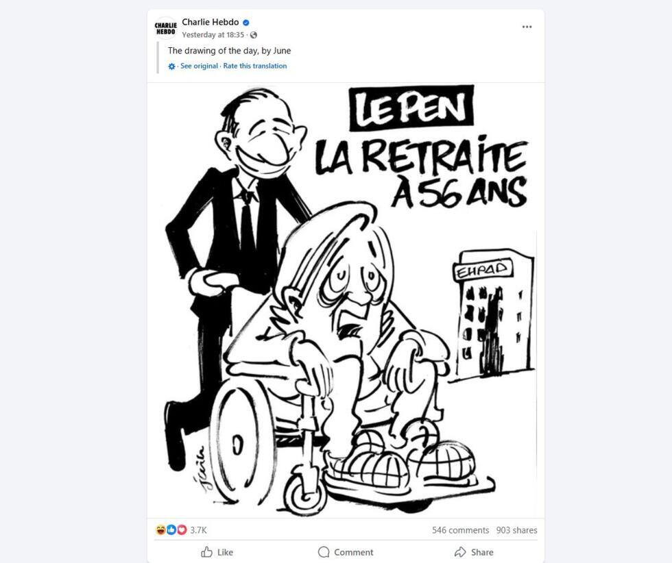 "Le Pen, à la retraite à 56", lit la légende alors que Jordan Bardella est vu en anticipant sa prise de vue de la figure de proue RN.
