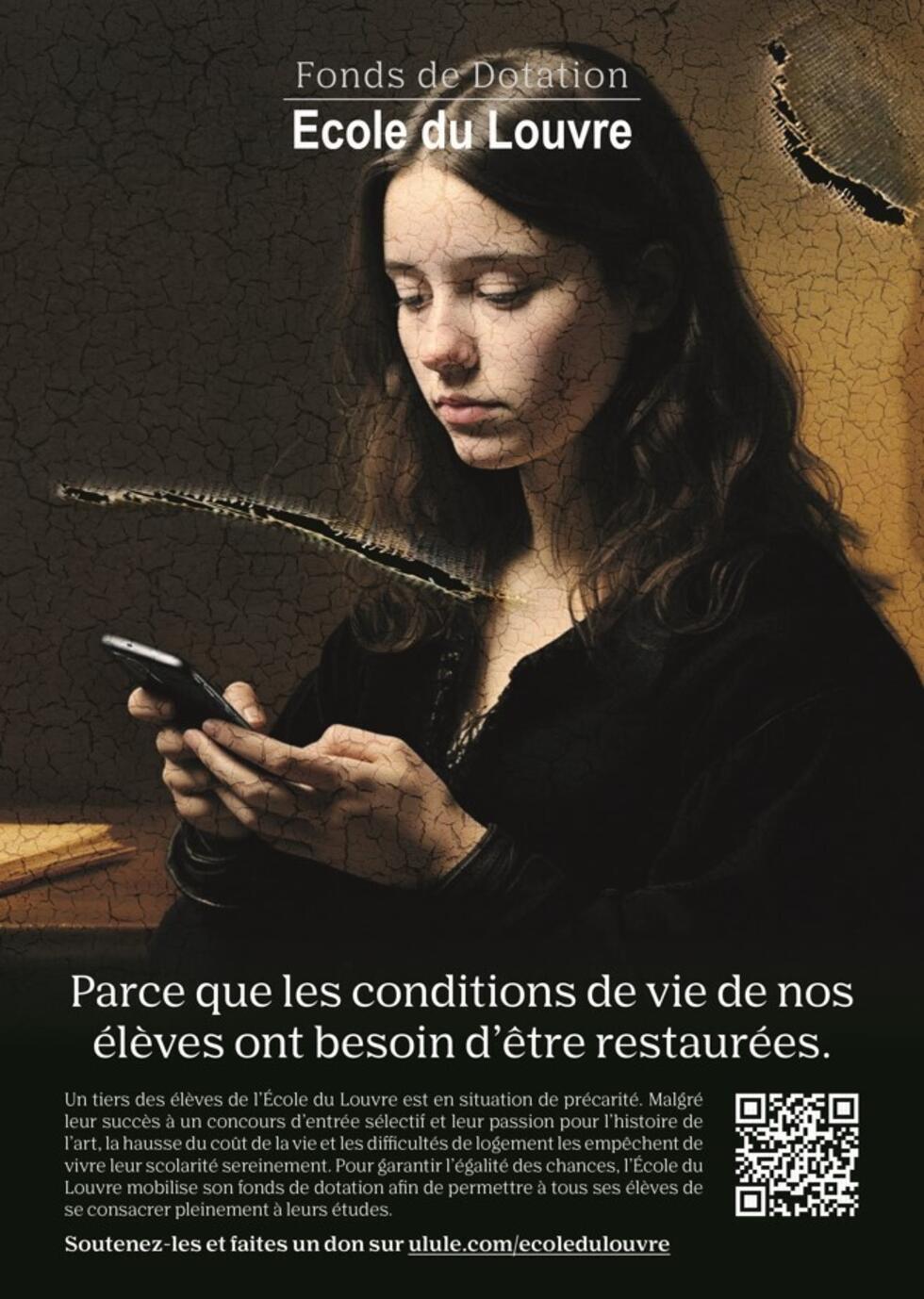 «Parce que les conditions de vie de nos étudiants doivent être restaurées», lit le slogan sur l'une des affiches de la campagne de financement participatif pour l'Ecole du Louvre.