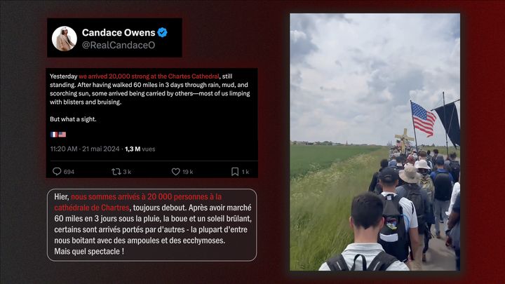 Post X de Candace Owens lors de son pèlerinage de Chartres le 21 mai 2024. (CAPTURE D'ECRAN X)