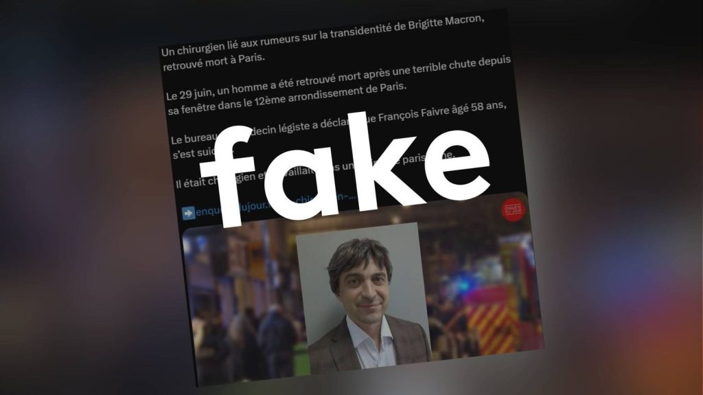 :
    Vrai ou faux



  



  




      

  

  
    Rumeurs sur Brigitte Macron : un faux site d'information usurpe l'identité de véritables journalistes

          Un article affirme qu'un chirurgien qui avait des preuves de la transidentité de Brigitte Macron est mort après une chute. Une fausse information signée par une journaliste dont l'identité a été usurpée.
