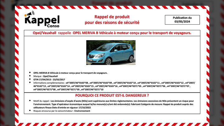 Le rappel d’Opel Meriva a été publié le 3 mai 2024. (DR)