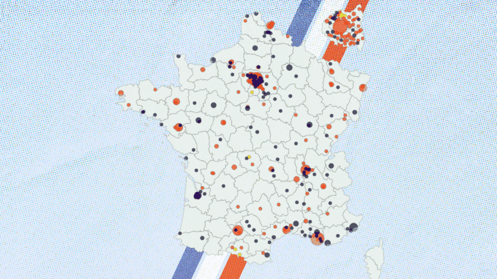 Municipales 1er tour : percée de La France insoumise, victoire à Saint-Denis et 96 communes :
Carte
:
Carte
Résultats du 1er tour des municipales : visualisez la percée de La France insoumise, victorieuse à Saint-Denis et qualifiée dans 96 communes